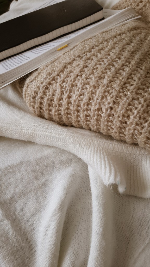 Flatlay, invierno, sueter, journaling, lectura. Vacaciones de invierno.